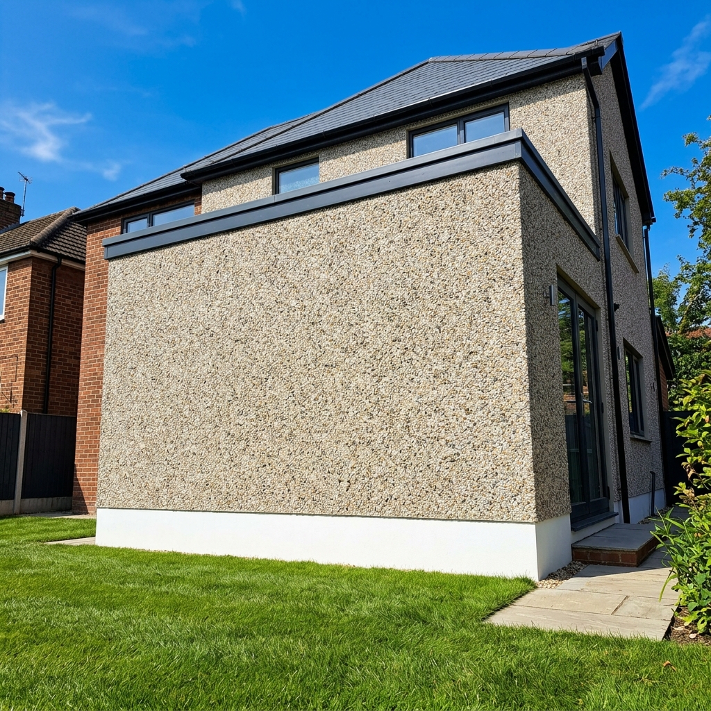 Finished pebbledash dry dash textured wall extension