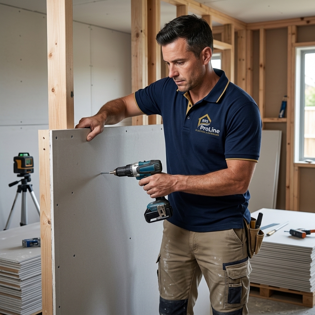 ProLine craftsman installing plasterboard drywall sheet